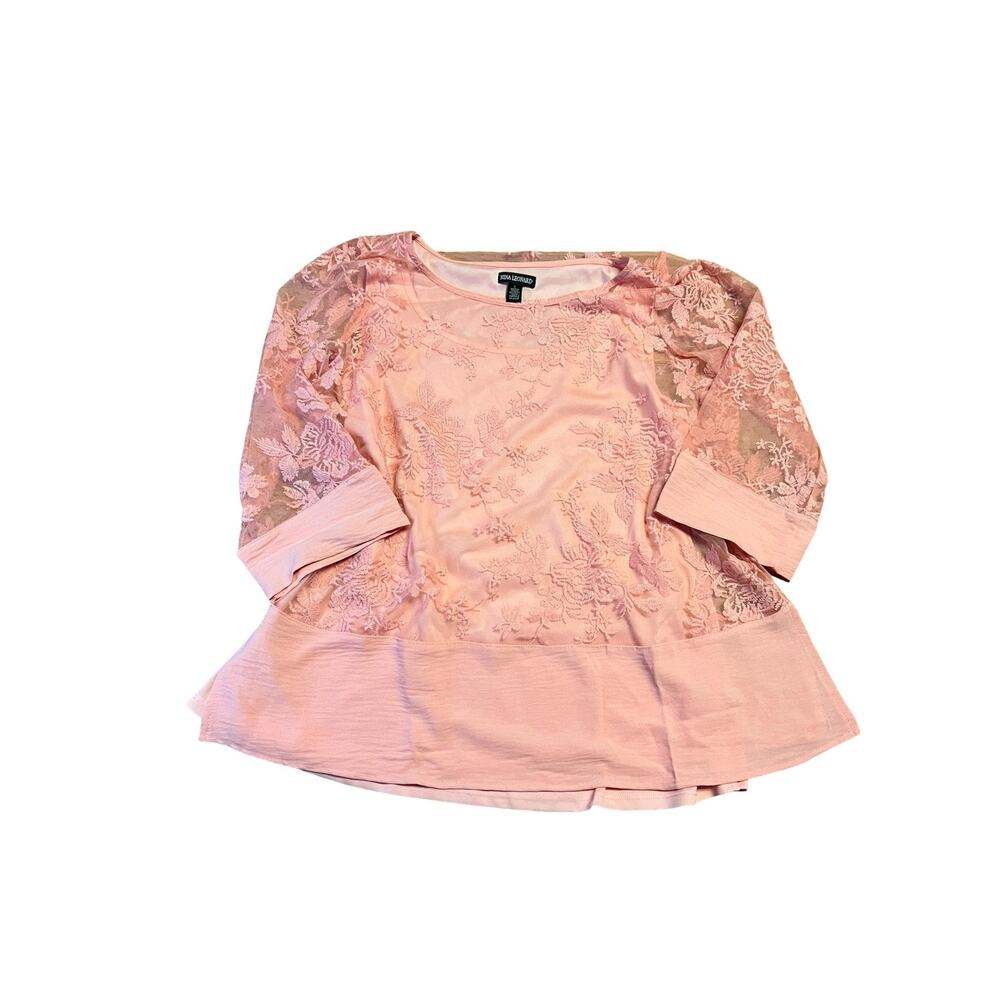 Nina Leonard Womens Peplum Top Large L Pink Lace 3/4 Sleeve Blouse